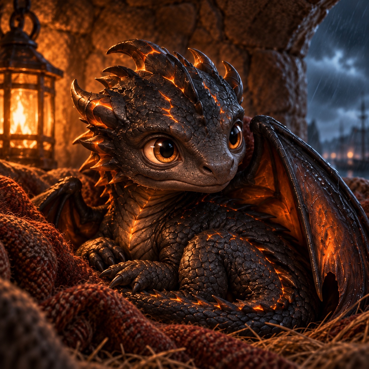 Portrait of the charcoal-black dragon hatchling