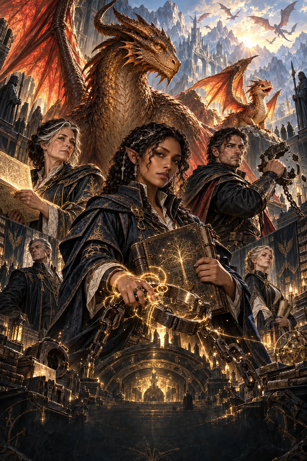 An elven archivist and ancient dragon stand before a restored mountain sanctuary